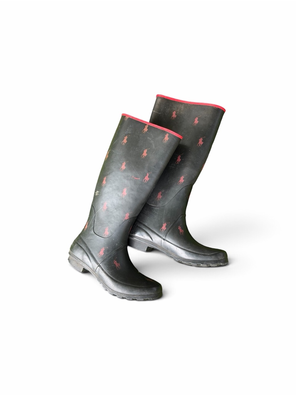 Polo by Ralph Lauren Black Tall Rubber Rain Boots with Red Pony Accents